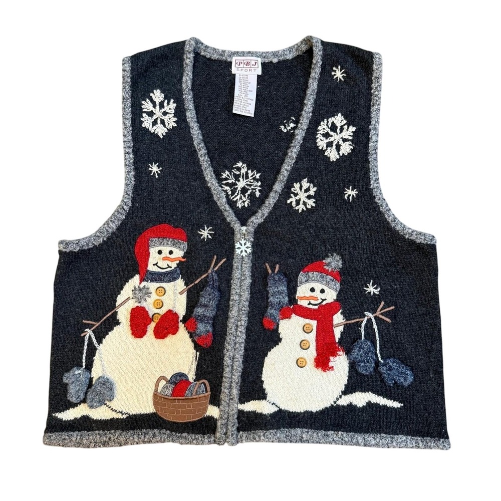 VTG PBJ Sport Charcoal Snowman‎ Snowflake Knit Vest Sweater Women's 2X Cozy Core